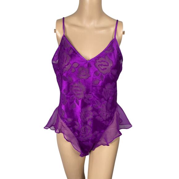 Vtg Victoria's Secret Gold Label Purple Ruffle Lace Up Teddy Bodysuit SZ M - Picture 1 of 8
